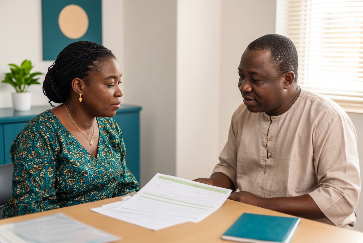 A dietitian discussing a written nutrition plan with a patient