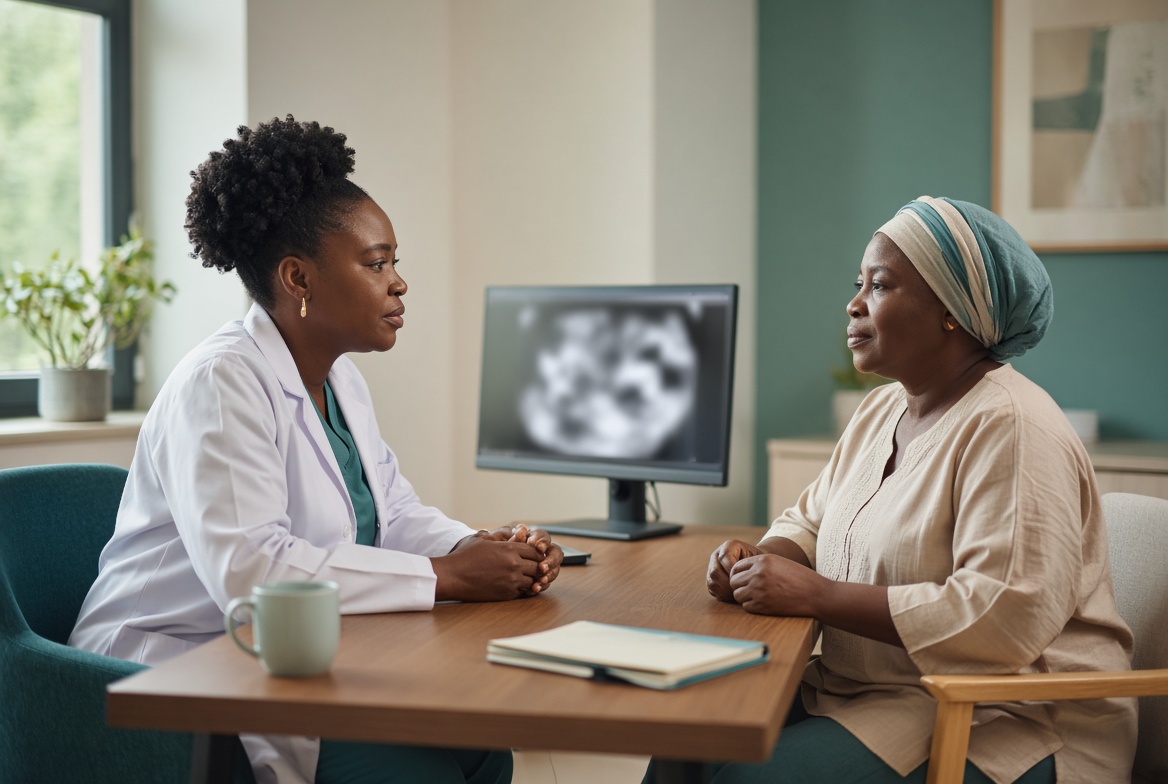 An oncologist discussing diagnostic scans with a patient