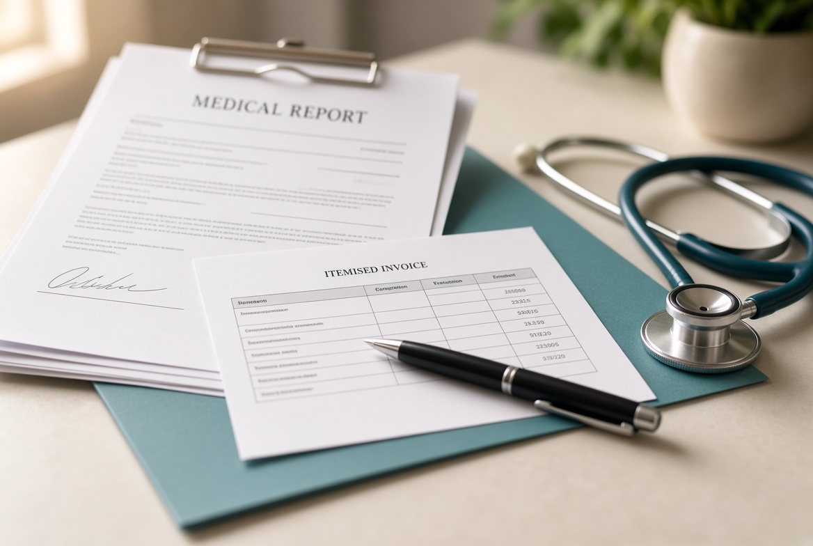 A signed medical report and itemised invoice on a desk beside a stethoscope
