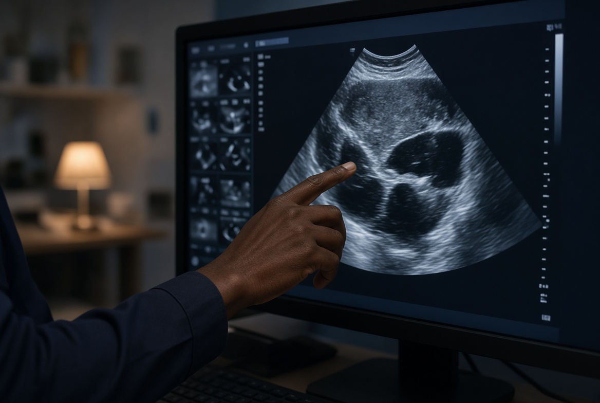 A cardiologist reviewing an echocardiogram on a diagnostic monitor