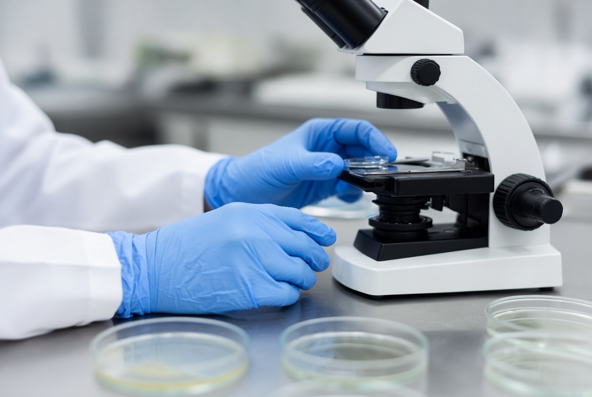 An embryologist working at a microscope in a fertility laboratory
