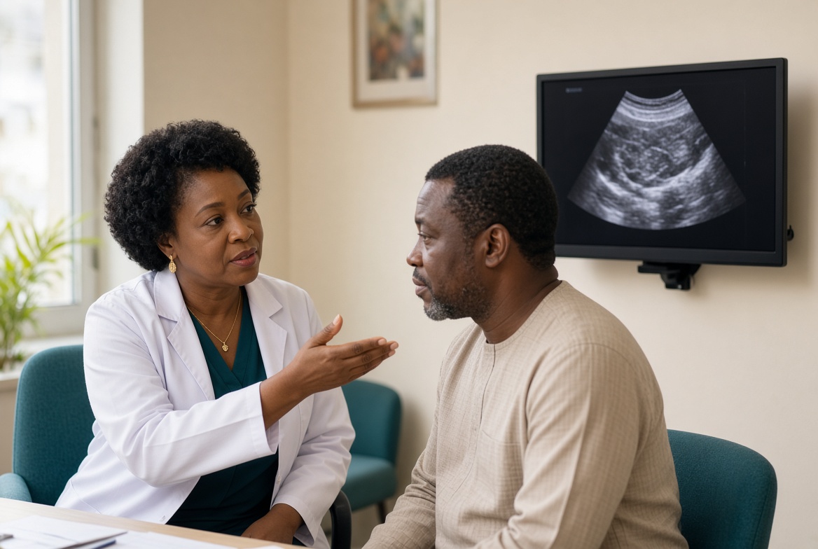 A physician explaining a kidney ultrasound scan to a patient