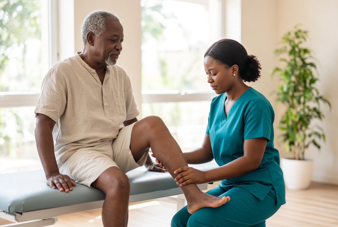 An older man doing guided knee rehabilitation with a physiotherapist