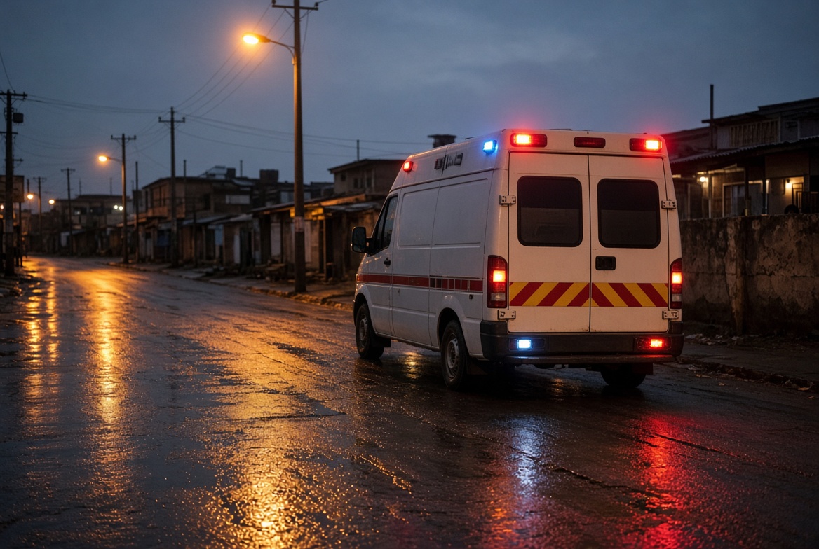 An ambulance with emergency lights on a city street at dusk