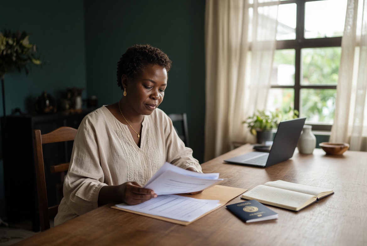 A woman reviewing medical documents and a passport while planning treatment abroad