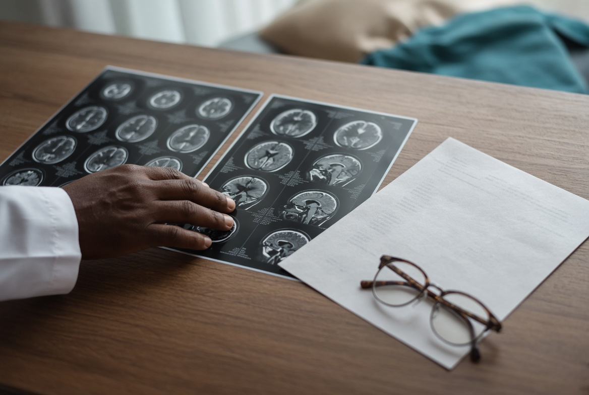 Two sets of diagnostic scans laid side by side with a radiology report