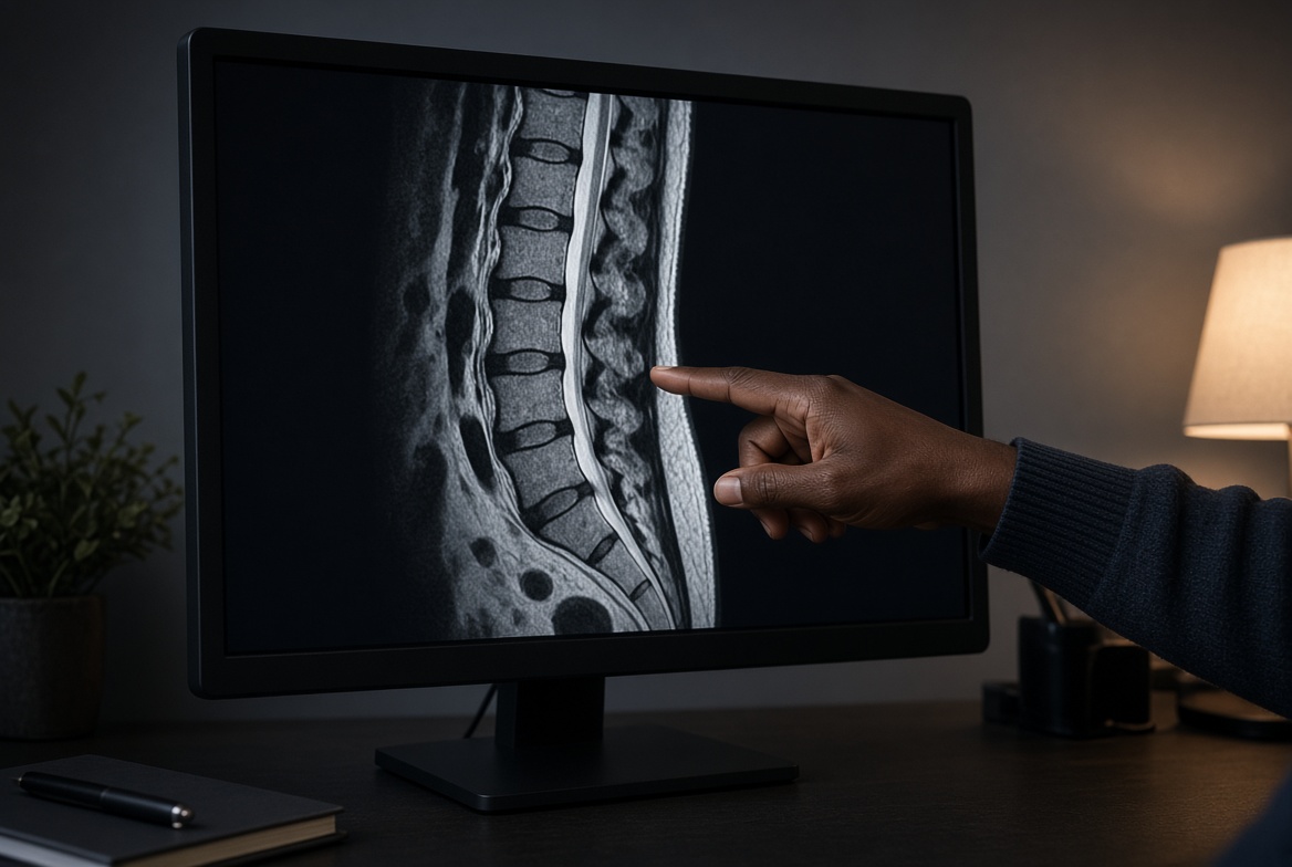 A spinal MRI series displayed on a diagnostic monitor