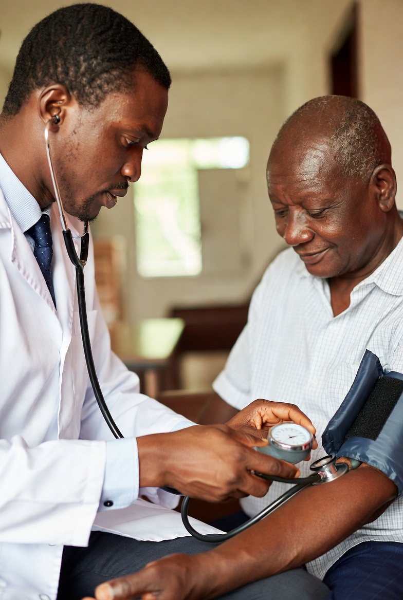 A doctor checking an elderly patient's blood pressure at home