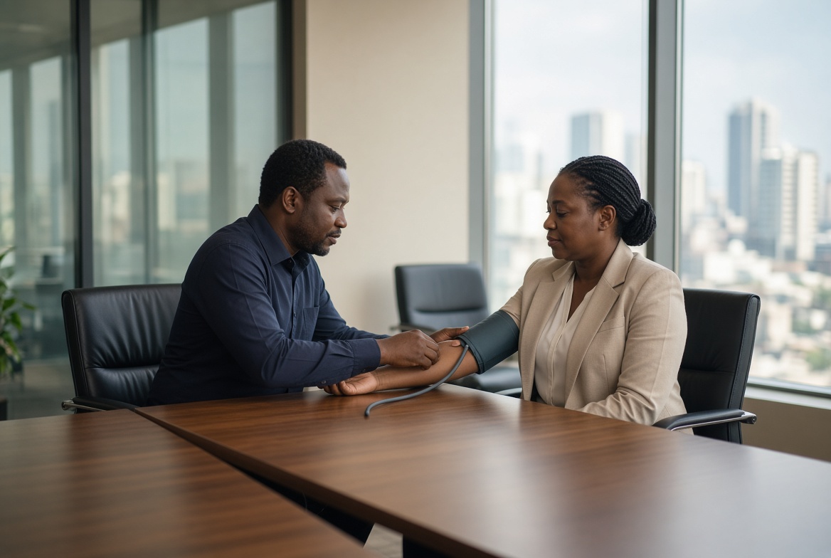 A physician carrying out an on-site health check for a professional in a corporate meeting room