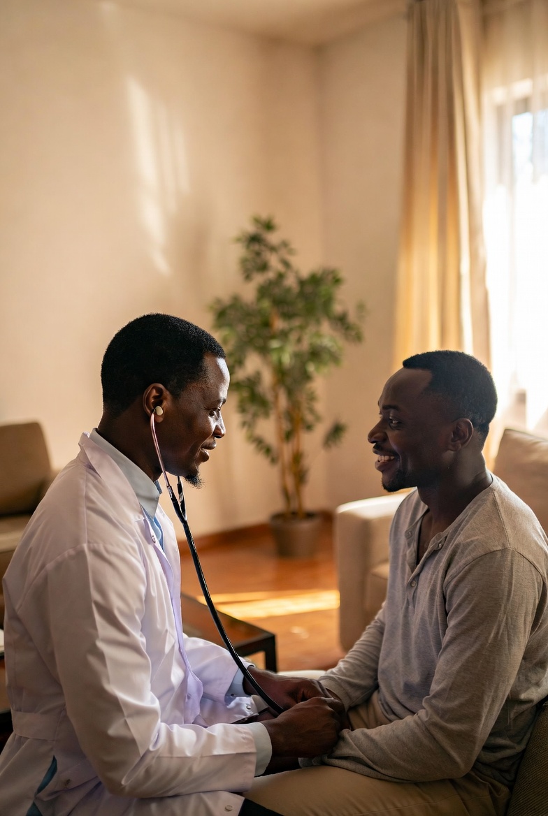 A doctor examining a patient during a home visit in Abuja