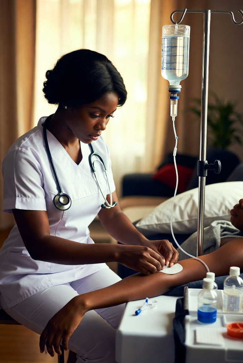 A nurse administering an IV drip at home