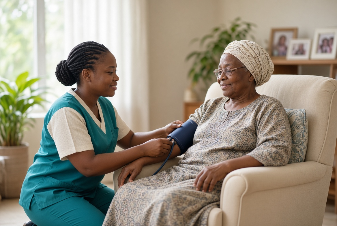 A nurse checking an elderly woman's blood pressure in her own living room at home in Abuja